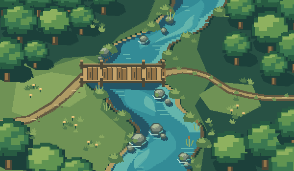 A quiet blue pixel-art river winds through a woodland meadow beneath a small wooden footbridge, framed by trees, grasses, and flowers.