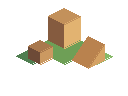 A pixel-art isometric composition with a diamond tile, raised block, and ramp in warm colors.