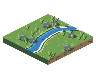 Animated isometric pixel stream with blue water, banks, rocks, and reeds.