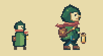 Comparison of the earlier small courier sprite and the larger redesigned Mira with a readable hood, face, scarf, satchel, and lantern.