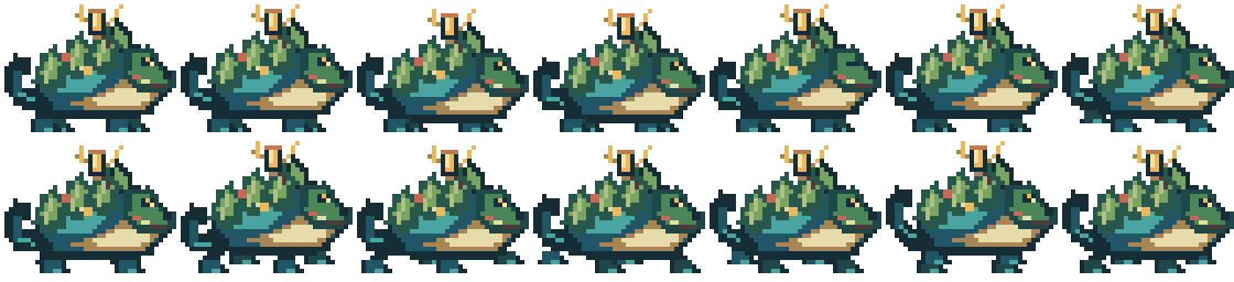 Fourteen mosslight reedling poses showing its curling tail, moss mantle, lantern antlers, and idle and walk motion.