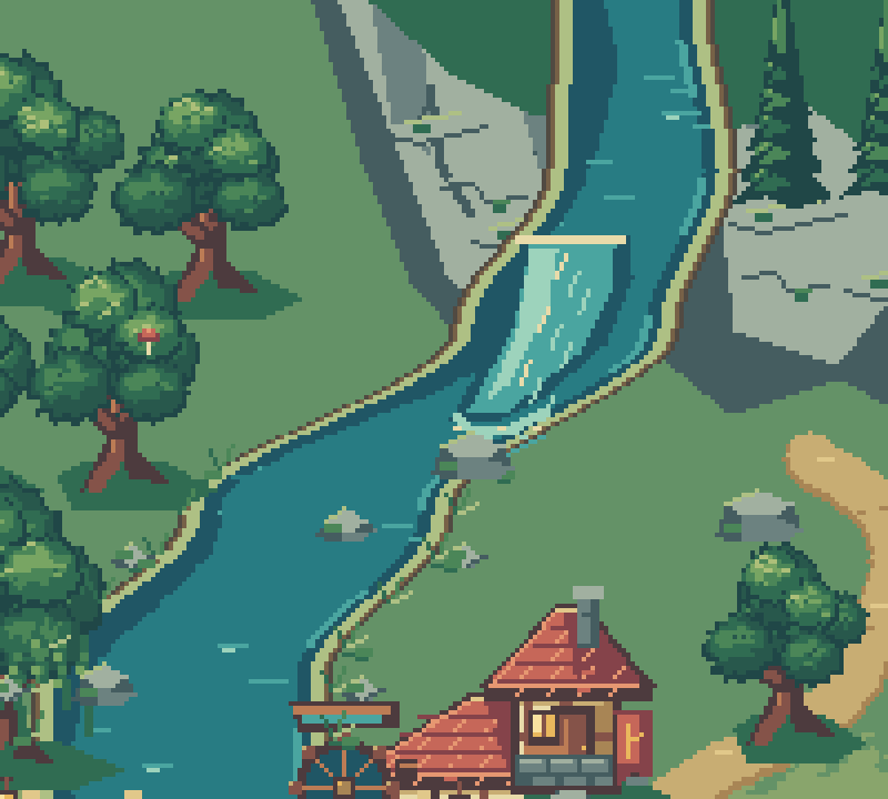 Enlarged teal water and mossy bank pixel detail