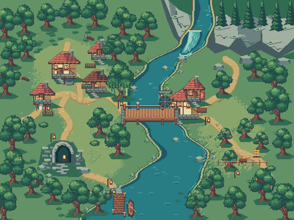 A top-down pixel-art valley with a winding teal river, woodland paths, a warm mill and bridge, village buildings, and a waterfall.