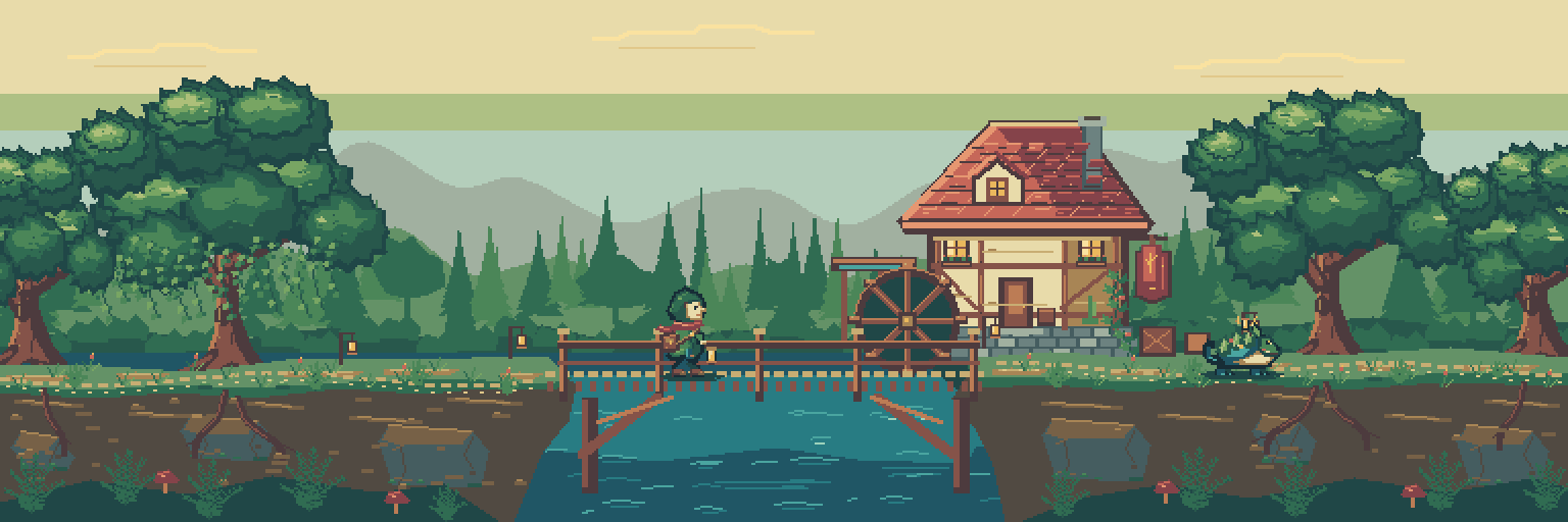 Revised Lantern Ford with detailed woodland, a turning watermill, and Mira and the reedling composed on editable character layers.
