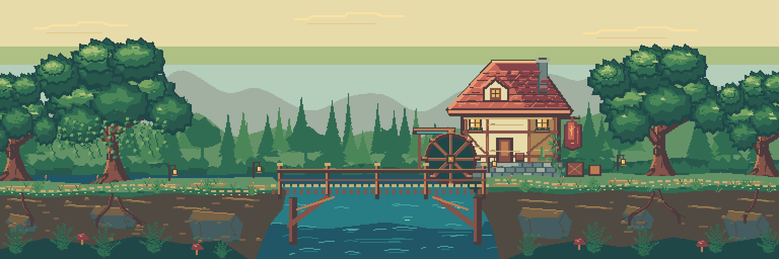 A wide side-view pixel-art landscape with a lantern-lit mill, wooden bridge, water, mossy banks, and distant trees.