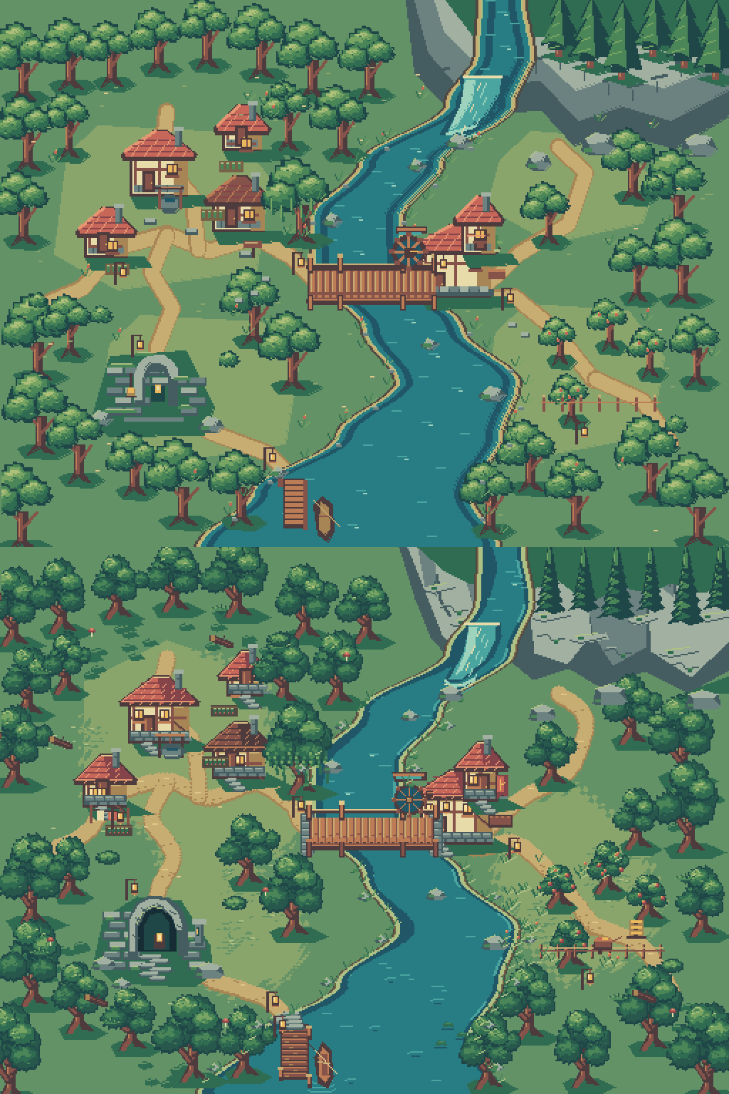 Overworld before and after the art direction revision