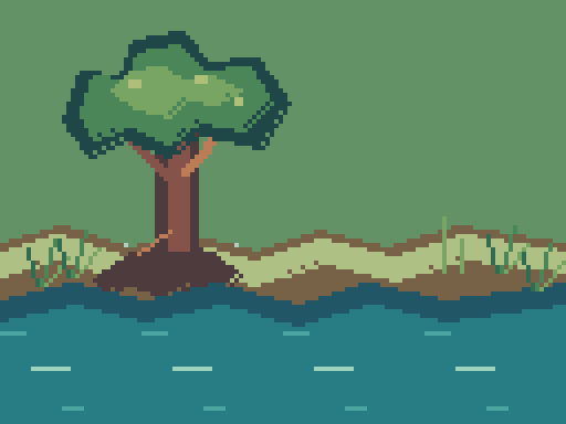 A small pixel-art riverbank with teal water, pale ripples, a mossy tree, grasses, and a reed clump.